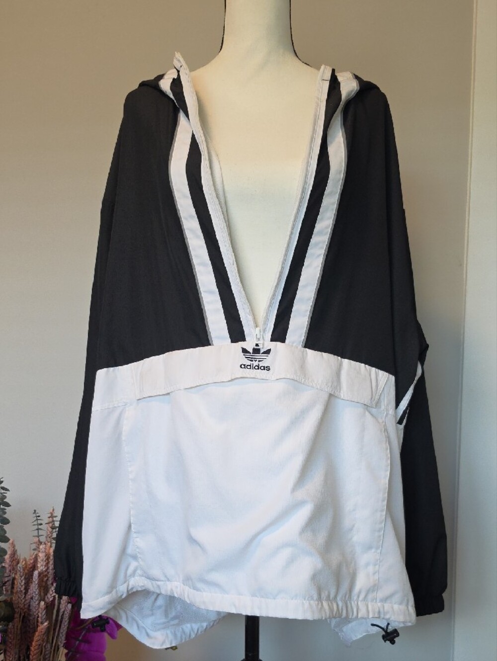 Adidas Black and White Hooded Pullover Windbreaker - Picture 6 of 9